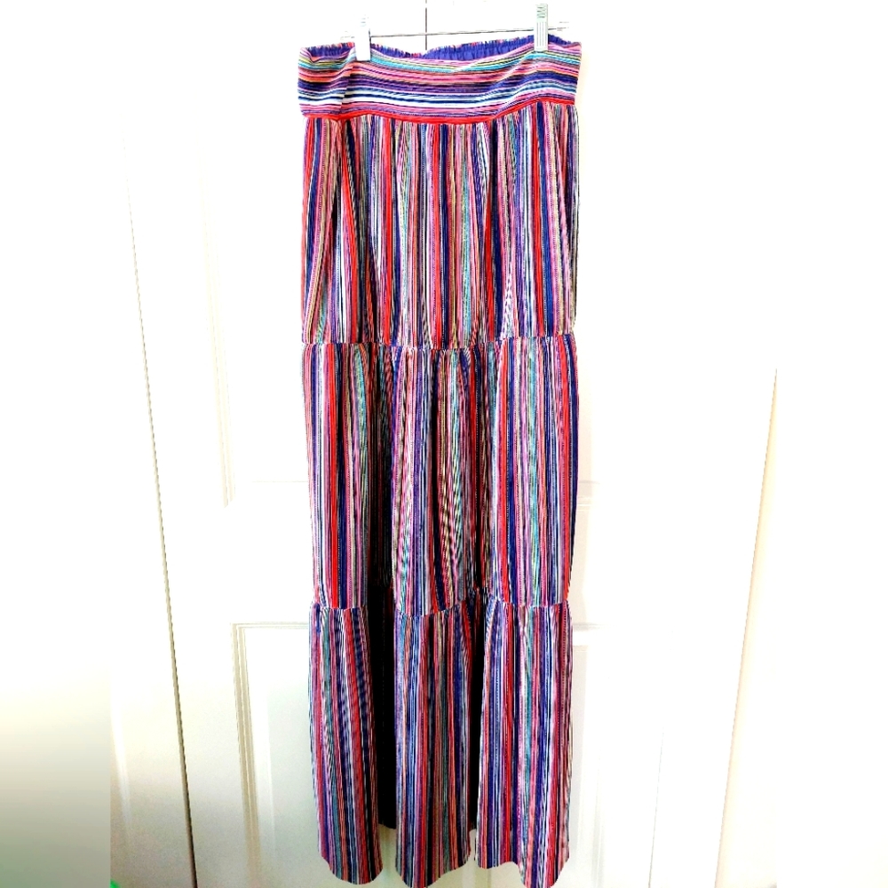 Rainbow Stripe Tiered Maxi‎ Skirt "Sabrina" Medium Boho Hippie Fairy Elegant